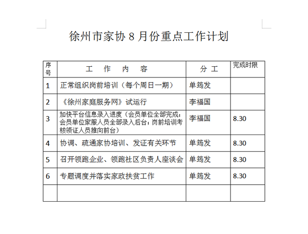 徐州市家协8月份重点工作计划